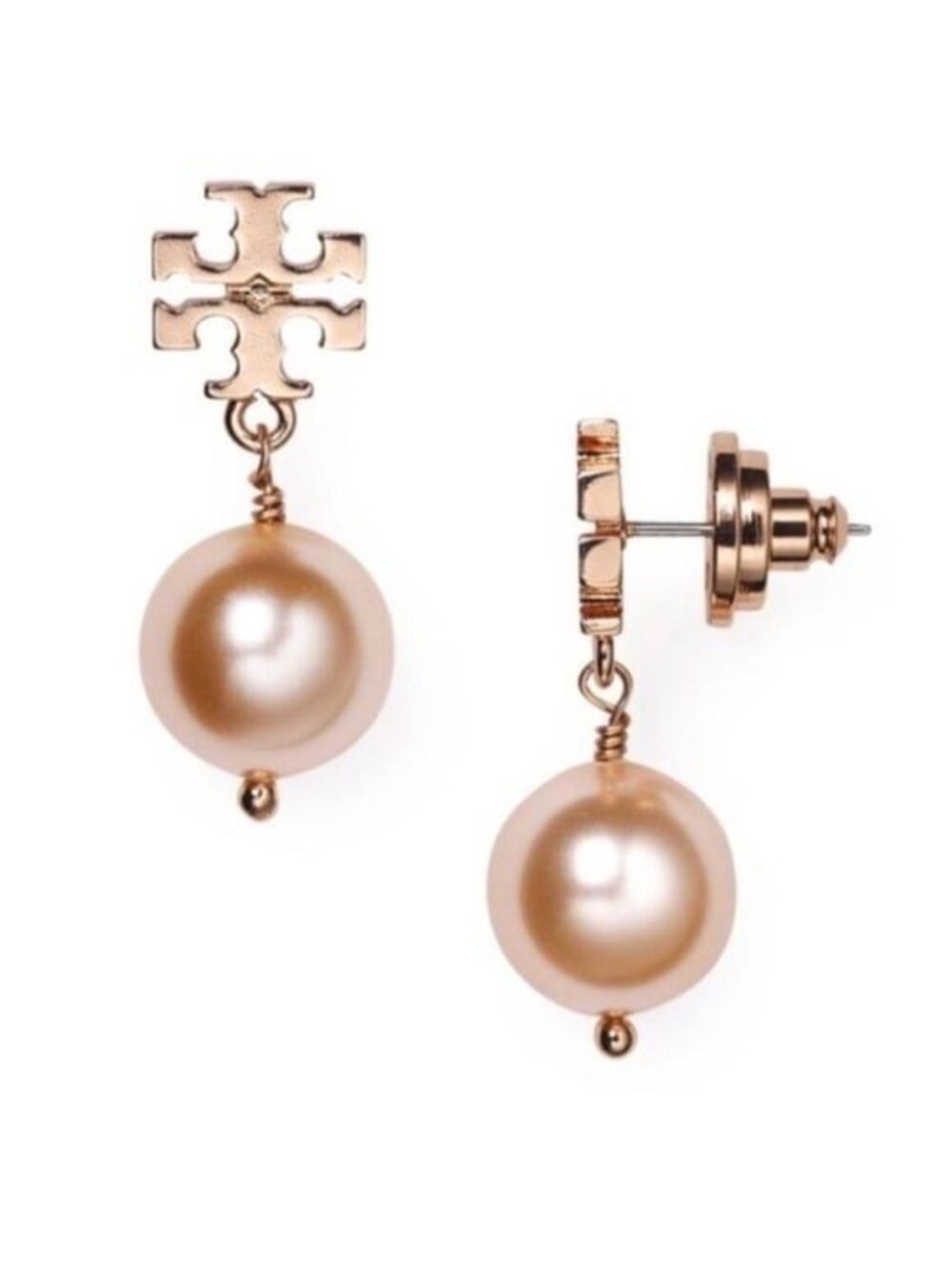 Tory Burch Rose Gold-Tone Pearl Drop Logo Earrings